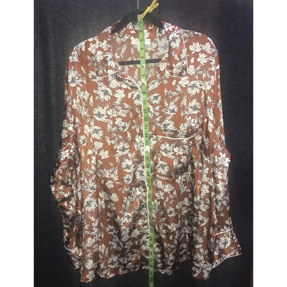 La Ligne Target Pajama Satin Top 2x Brown White Floral Long Sleeve Shirt Button - Picture 8 of 9